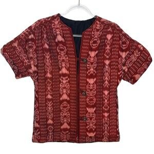 Handmade Quilted Artisan Jacket Red Pink Ikat Print Floral Button Medium